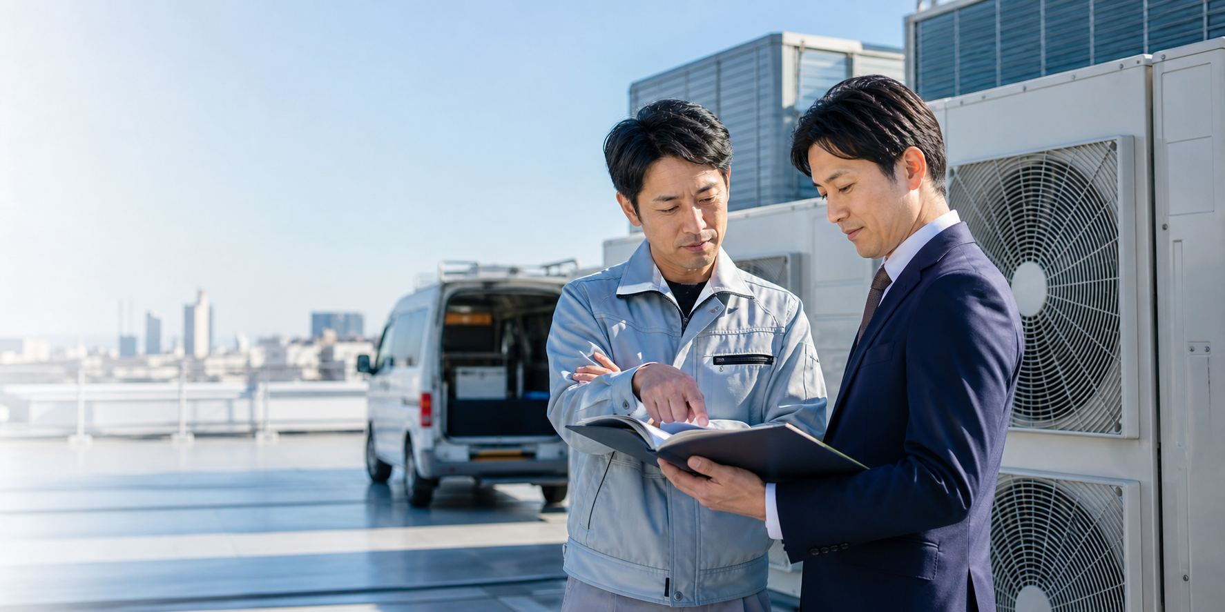 エアコン工事会社の経営者とM&Aアドバイザーが譲渡資料を確認している様子