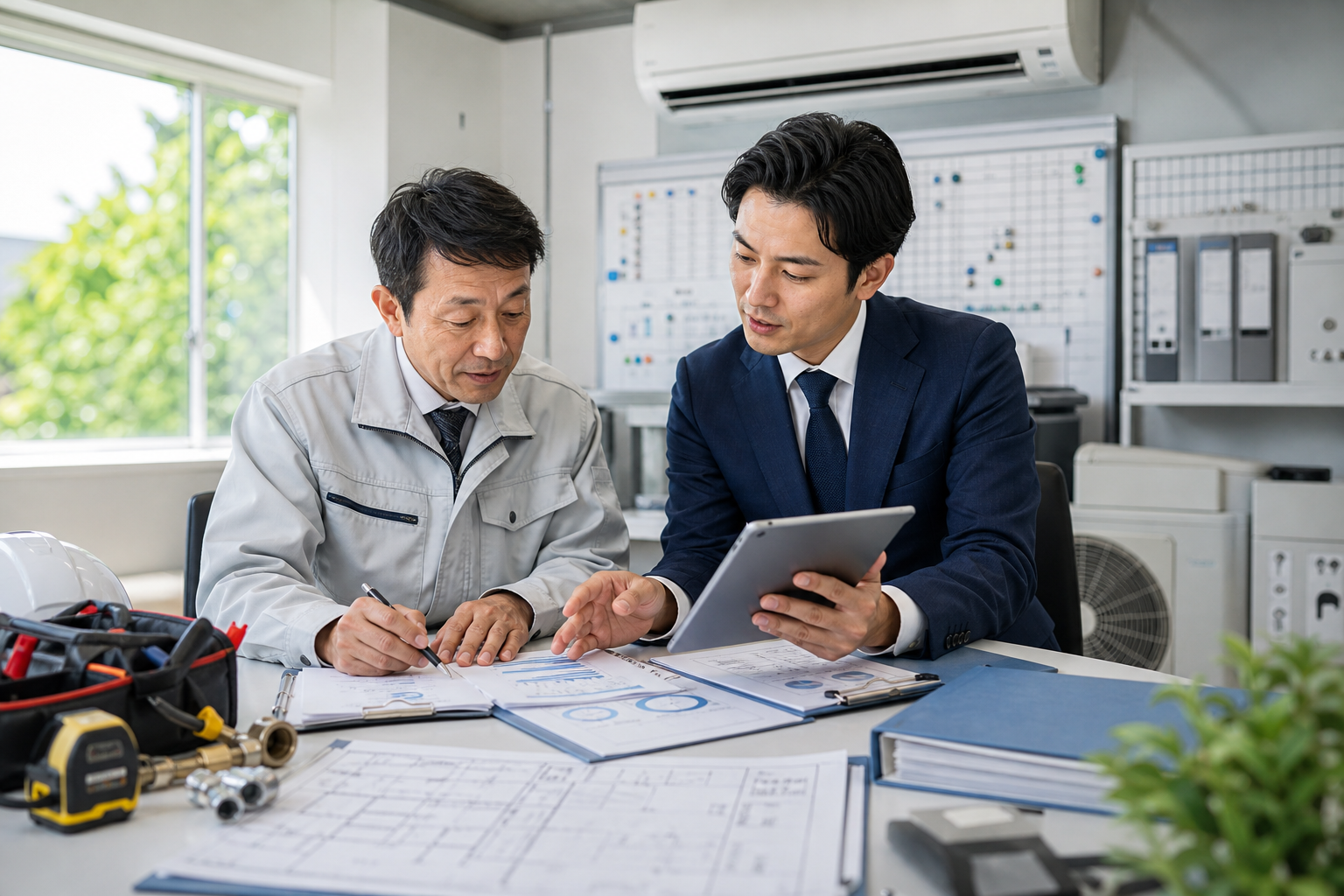 空調工事会社の事務所で譲渡資料を確認する様子
