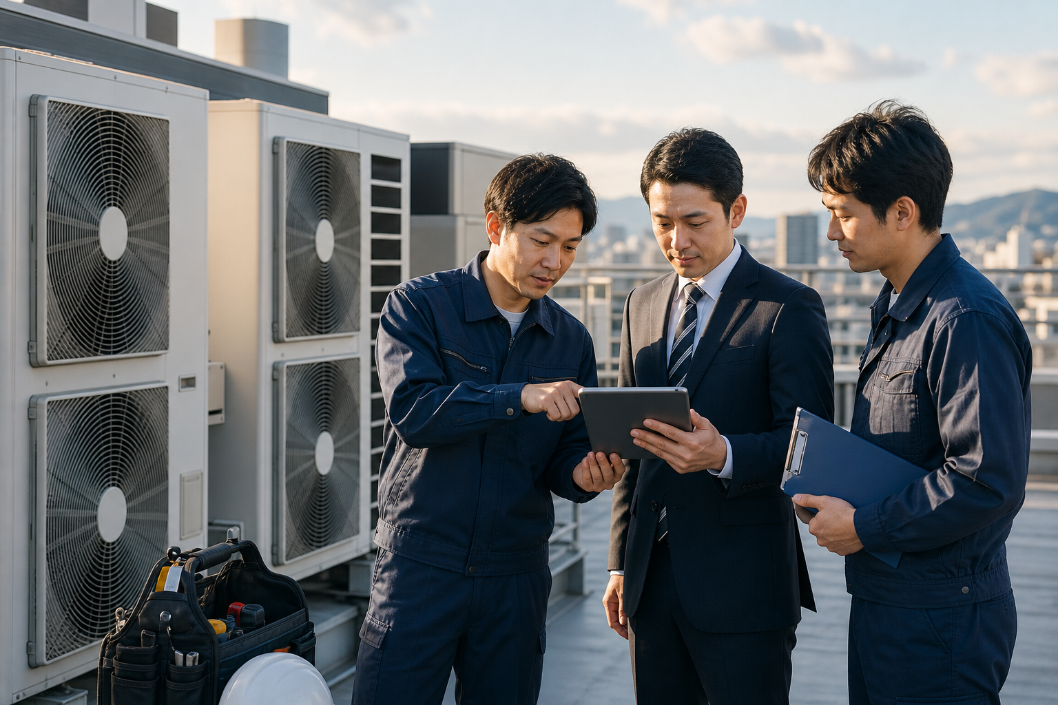 屋上の空調設備を確認する技術者とM&A担当者