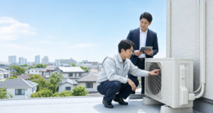 エアコン室外機を確認する技術者と相談担当者